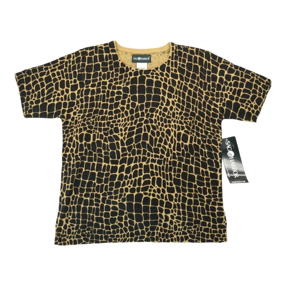 Sag Harbor Womens Top Sz M Black Tan Animal Print Short Sleeve Round Neck Knit